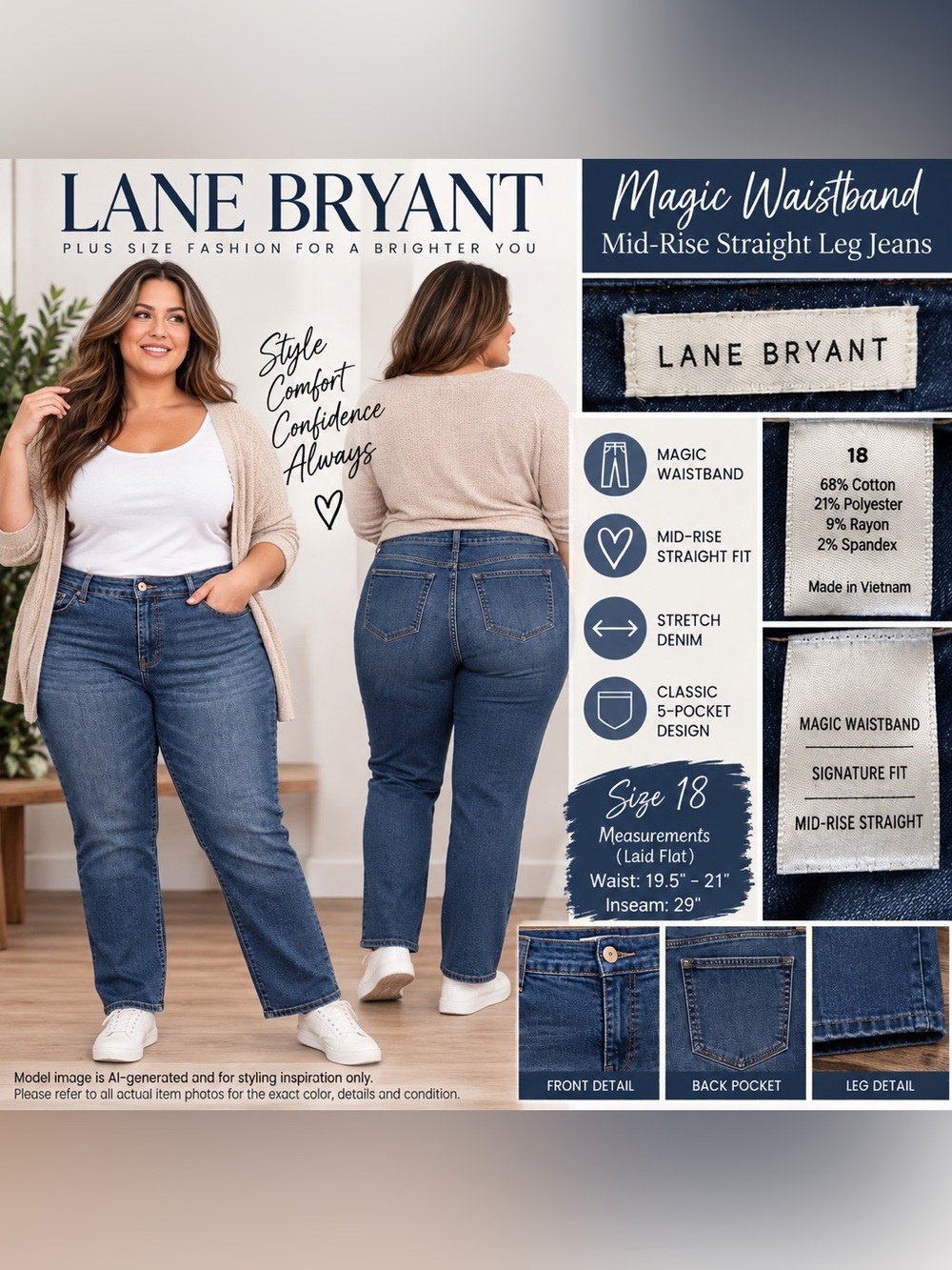 Lane Bryant Magic Waistband Mid-Rise Straight Jeans Blue Size 18